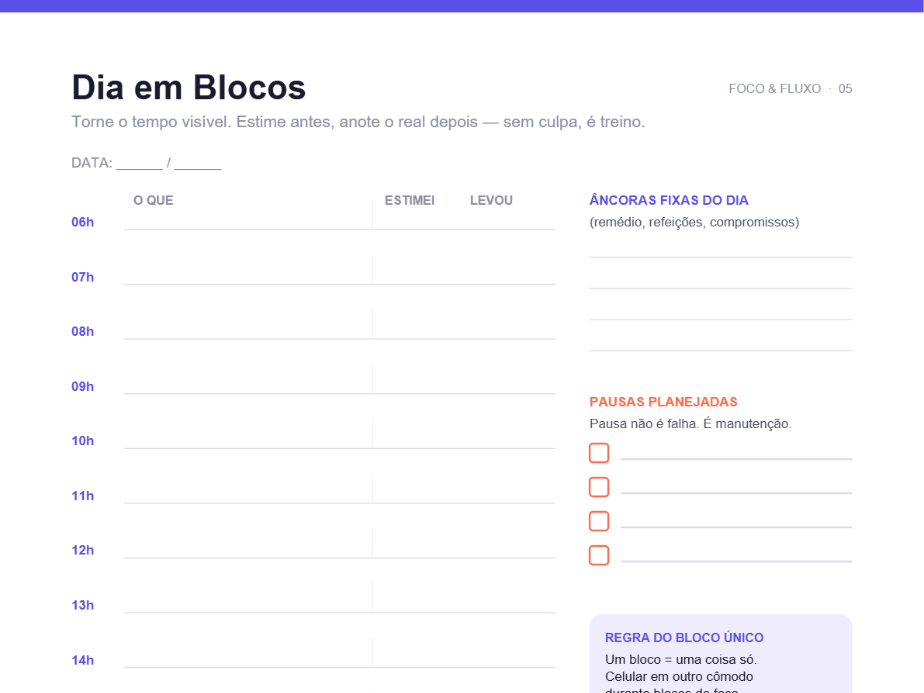 Página Dia em Blocos do planner para TDAH