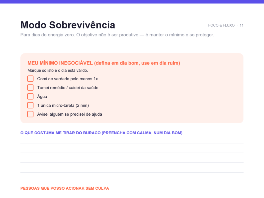 Página Modo Sobrevivência do planner para TDAH Foco & Fluxo