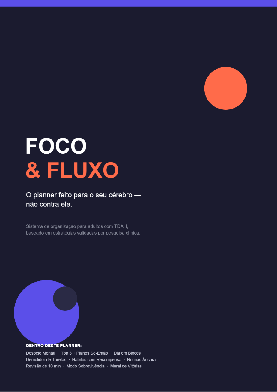 Mockup do planner para TDAH Foco & Fluxo — capa e página interna